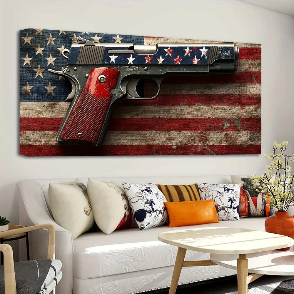 1.5 inch thick pine solid wood frame, American flag gun mural, canvas print fine blue red line home decor, interior decor