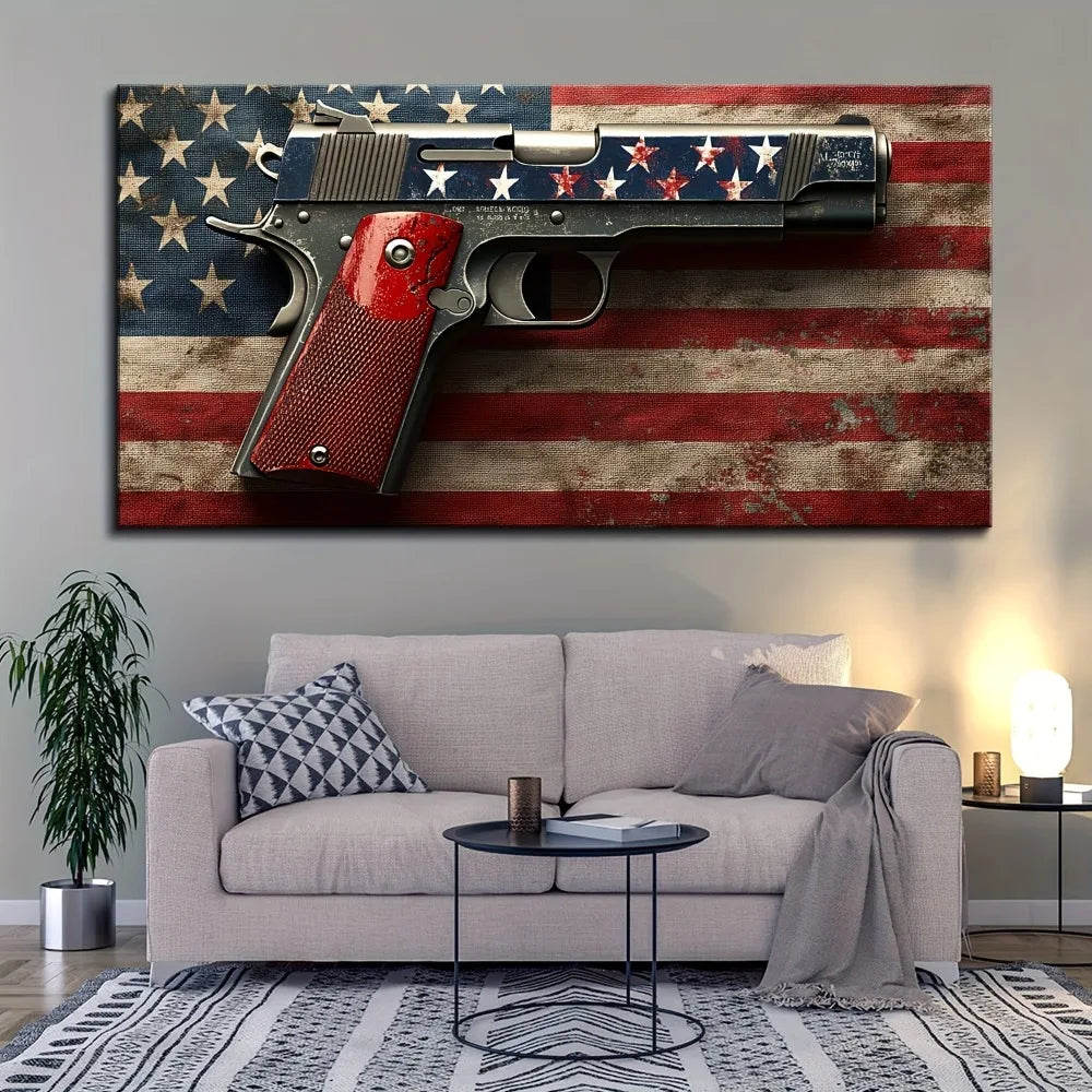 1.5 inch thick pine solid wood frame, American flag gun mural, canvas print fine blue red line home decor, interior decor