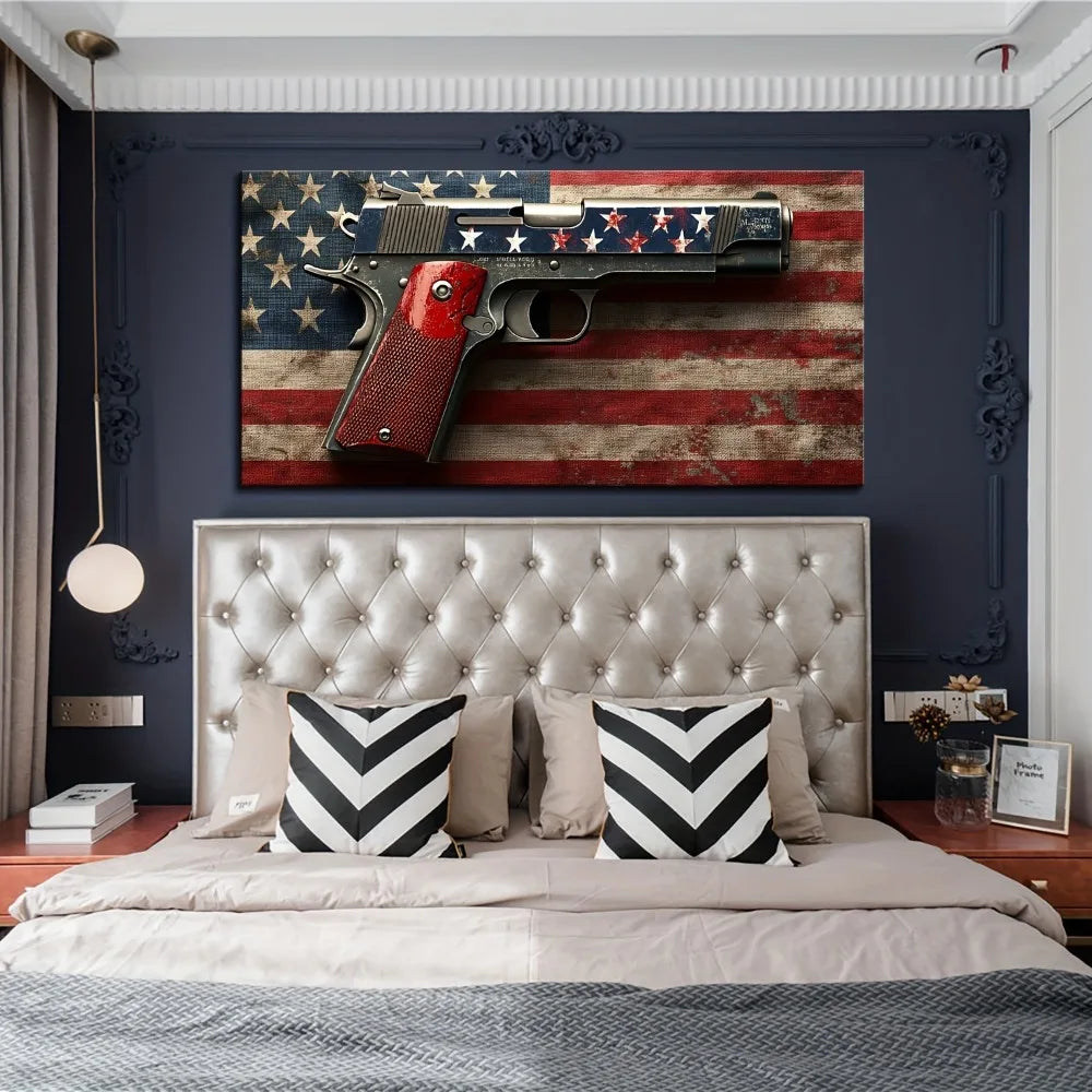 1.5 inch thick pine solid wood frame, American flag gun mural, canvas print fine blue red line home decor, interior decor