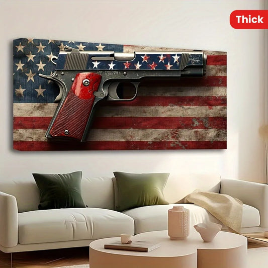 1.5 inch thick pine solid wood frame, American flag gun mural, canvas print fine blue red line home decor, interior decor